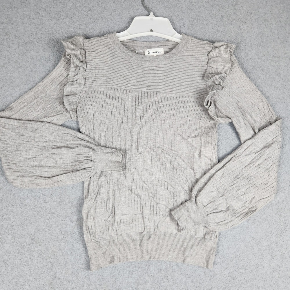 &merci Sweater Womens Small Gray Ribbed Knit Ruffle Balloon Sleeve Crew Neck